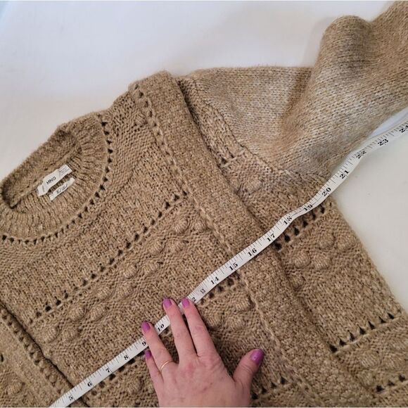 MANGO tan openwork‎ cable crew neck knit wool alpaca blend sweater S - Picture 7 of 8